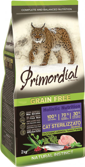 Primordial Cat Sterilizzato Turkey&Herring 2 kg – Krmivo pro sterilizované kočky s krůtím a sleďovým masem, balení 2 kg.