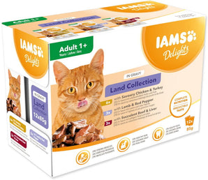 Iams Cat suchozemské maso v omáčce 12 x 85 g – Konzervy pro kočky s výběrem suchozemského masa v omáčce, balení 12 x 85 g.