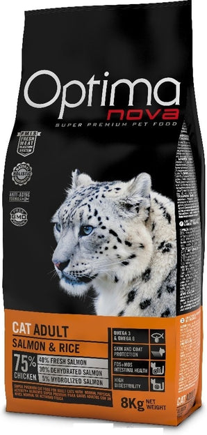 OPTIMA nova Cat Adult Salmon&Rice 8 kg – Krmivo pro dospělé kočky s lososem a rýží, balení 8 kg.