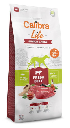 Calibra Dog Life Junior Large Fresh Beef 12kg – Krmivo pro mladé psy velkých plemen s čerstvým hovězím, balení 12 kg.