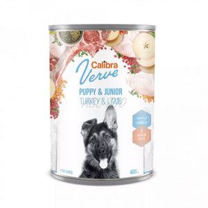 Calibra Dog Verve konz. GF Junior Turkey&Lamb 400 g, bezobilná konzerva s krůtím a jehněčím masem pro štěňata.