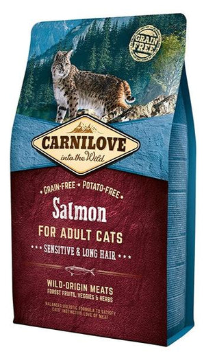 Carnilove Cat Salmon for Adult Sensitiv & LH 6kg - lososové krmivo pro dospělé kočky, podpora zdraví srsti a kůže.