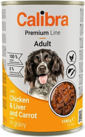 Konzerva Calibra Dog Premium with Chicken&Liver 1,24 kg, šťavnaté krmivo s kuřecím masem a játry.