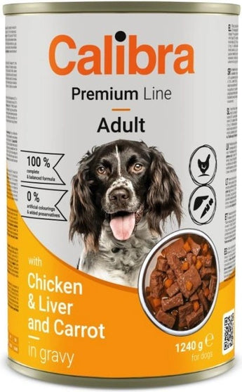 Konzerva Calibra Dog Premium with Chicken&Liver 1,24 kg, šťavnaté krmivo s kuřecím masem a játry.