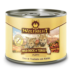 Konzerva Wolfsblut Dog Puppy Wild Duck & Turkey s kachním a krůtím masem pro štěňata, 200 g.