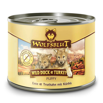 Konzerva Wolfsblut Dog Puppy Wild Duck & Turkey s kachním a krůtím masem pro štěňata, 200 g.