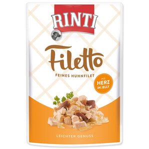 Rinti Dog Filetto kapsa kuře+kuřecí srdce v želé 100g - Krmivo s kuřetem a kuřecími srdci, pro lepší chuť a výživu.