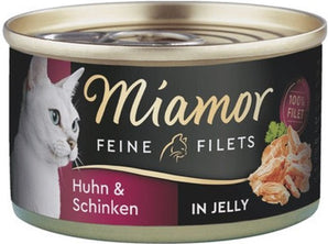 Miamor Feine Filets Kuře a Šunka v želé 100 g – Konzerva s kuřecím masem a šunkou v želé, balení 100 g.