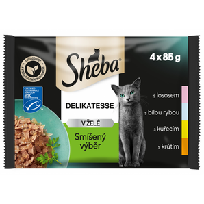 Sheba kapsa Mix výběr v želé 4x85g - Lahodný mix v želé, ideální pro kočky, které si potrpí na rozmanitost v jídle.