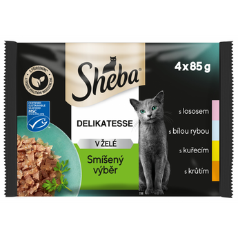Sheba kapsa Mix výběr v želé 4x85g - Lahodný mix v želé, ideální pro kočky, které si potrpí na rozmanitost v jídle.