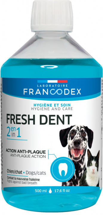 Francodex Fresh Dent 2 v 1 pro psy a kočky 500ml – Ústní voda pro psy a kočky, osvěžuje dech a čistí zuby, balení 500ml.