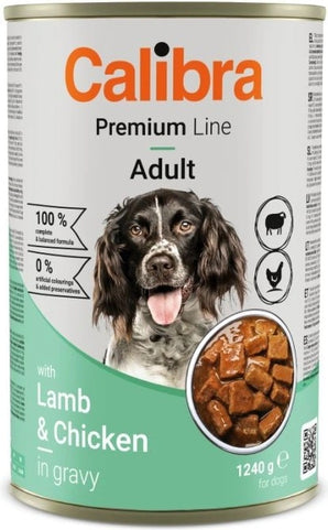 Konzerva Calibra Dog Premium with Lamb&Chicken 1,24 kg, šťavnaté krmivo s jehněčím a kuřecím masem.
