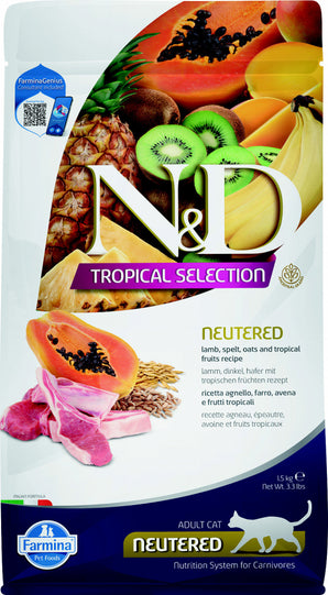 N&D TROPICAL SELECTION CAT Lamb Neutered 1,5 kg – Krmivo pro kastrované kočky s jehněčím, podpora vitality, balení 1,5kg.