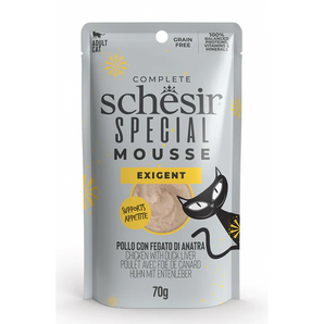 Schesir Cat kapsa Special Mousse Exigent kuře/játra70g - Speciální mousse kapsa pro vybíravé kočky s kuřetem a játry, bohatá na živiny a chuť.