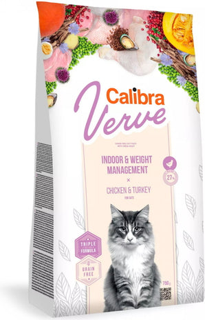 Calibra Verve Grain Free Indoor & Weight Chicken 750 g – Bezobilné krmivo pro kočky s kuřecím masem, zaměřené na regulaci váhy, balení 750 g.