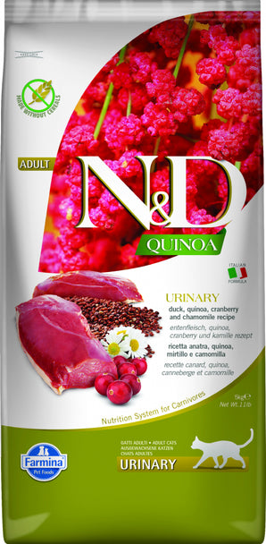 N&D GF Quinoa CAT Urinary Duck & Cranberry 5 kg – Bezobilné krmivo pro kočky s kachnou a brusinkami, podpora močového ústrojí, balení 5kg.