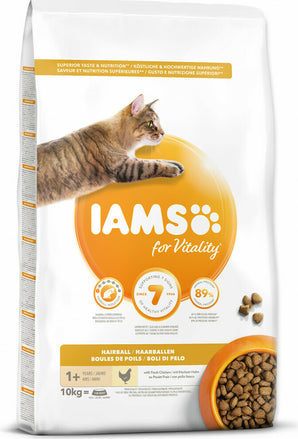 Iams Cat Adult Hairball Chicken Eukanuba 10 kg – Krmivo pro dospělé kočky s kuřecím masem, které pomáhá předcházet vzniku chlupových koulí, balení 10 kg.