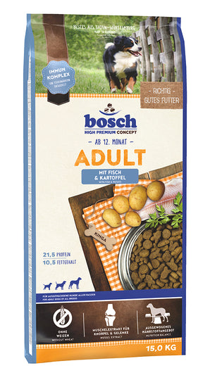 Bosch Dog Adult, fish & potato, 15 kg, krmivo s rybím proteinem pro psy.