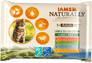 Iams Cat mix masa v omáčce 4 x 85 g – Směs konzerv pro kočky s různými druhy masa, balení 4 x 85 g.