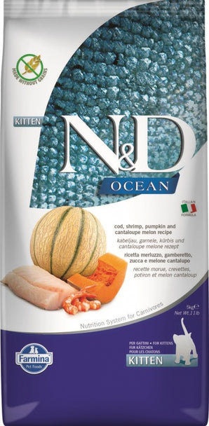 N&D OCEAN Kitten Cod & Shrimp & Pumpkin&Melon 5 kg – Krmivo pro koťata s treskou, krevetami, dýní a melounem, balení 5kg.