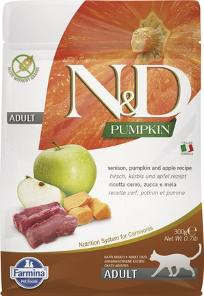 N&D GF Pumpkin CAT Venison & Apple 300 g - Bezobilné krmivo pro kočky s jelením masem a jablkem. Balení 300 g.