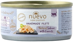 Nuevo Cat Handmade Salmon & Carrots 70 g – Ručně vyráběné krmivo pro kočky s lososem a mrkví, balení 70 g.