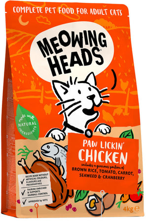 Meowing Heads Paw Lickin’ Chicken 4 kg – Krmivo pro kočky s kuřecím masem, balení 4 kg.