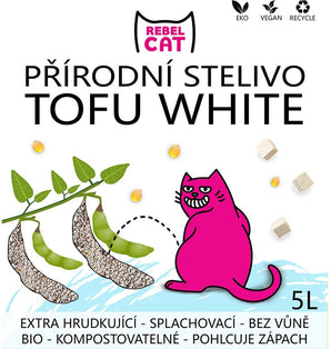 Rebel Cat přírodní, hrudkující Tofu White 5 l – Přírodní hrudkující stelivo pro kočky z tofu, objem 5 l.