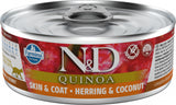 N&D GF CAT QUINOA Herring & Coconut 80 g – Bezobilné krmivo pro kočky se sleděm a kokosem, balení 80g.