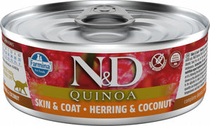 N&D GF CAT QUINOA Herring & Coconut 80 g – Bezobilné krmivo pro kočky se sleděm a kokosem, balení 80g.