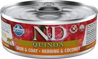 N&D GF CAT QUINOA Herring & Coconut 80 g – Bezobilné krmivo pro kočky se sleděm a kokosem, balení 80g.