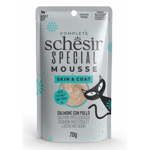 Schesir Cat kapsa Special Mousse Skin&Coat los/kuř 70g - Mousse kapsa pro kočky s lososem a kuřetem, podporující zdraví pokožky a lesklou srst.