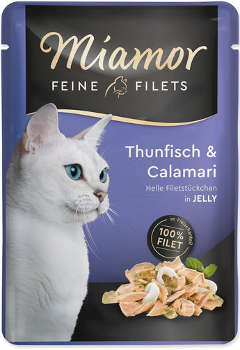 Miamor Filets Tuňák & Kalamáry v želé 100 g – Konzerva s tuňákem a kalamáry v želé pro kočky, balení 100 g.