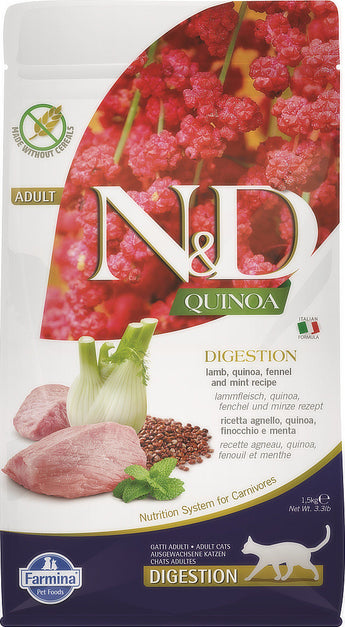 N&D GF Quinoa CAT Digestion Lamb & Fennel 5 kg – Bezobilné krmivo pro kočky, podpora trávení, balení 5kg.