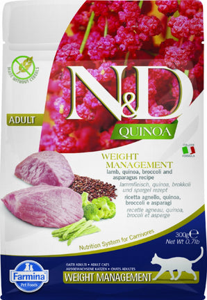 N&D Quinoa GF Cat Adult Wieght Managment Lamb & Broccoli 300 g – Bezobilné krmivo pro dospělé kočky, podpora váhového managementu, balení 300g.