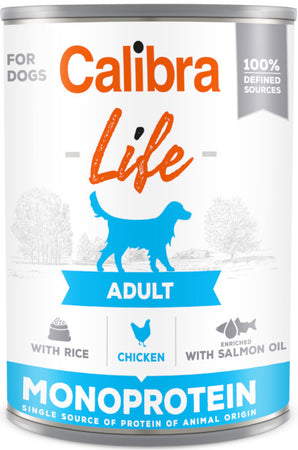 Calibra Dog Life konz. Adult Chicken with Rice 400g – Konzerva pro dospělé psy s kuřetem a rýží, balení 400 g.