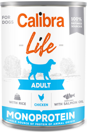 Calibra Dog Life konz. Adult Chicken with Rice 400g – Konzerva pro dospělé psy s kuřetem a rýží, balení 400 g.