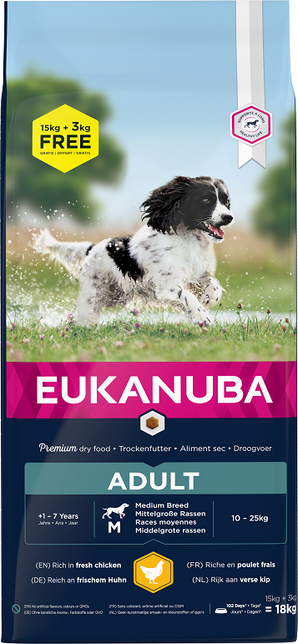 Eukanuba Dog Adult Medium 18kg BONUS – Krmivo pro dospělé psy středních plemen, bonusové balení 18kg