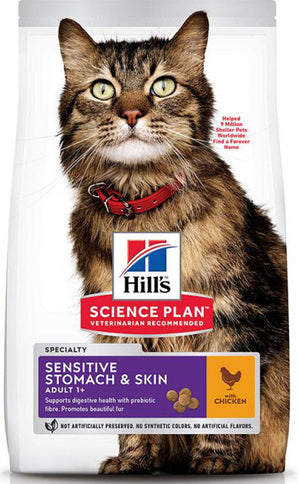 Hill's Pet Nutrition Feline Adult Sensitive Stomomach & Skin Chicken 1,5 kg – Krmivo pro dospělé kočky s citlivým žaludkem a pokožkou, s kuřetem, balení 1,5 kg.