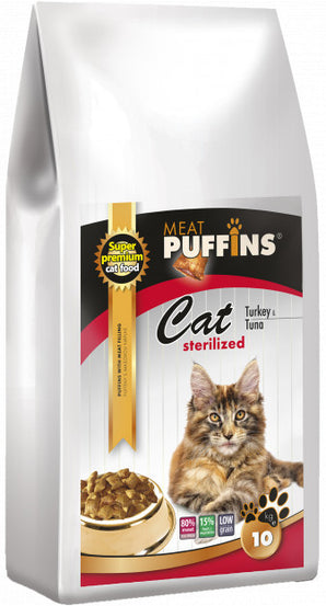 Puffins Cat Sterilised Turkey&Tuna 2 kg – Krmivo pro sterilizované kočky s krůtím a tuňákem, balení 2 kg.