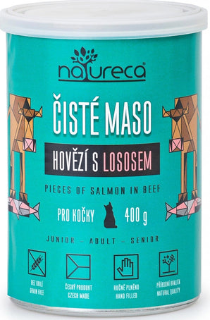 Konzerva pro kočky NATURECA s hovězím a lososem 400g