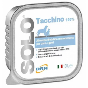SOLO Tacchino 100% (krůta) vanička 100g - Krůtí maso, bohaté na bílkoviny, ideální pro zdraví psů a koček.