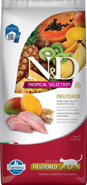 N&D TROPICAL SELECTION CAT Neutered Chicken 10 kg - Krmivo pro kastrované kočky s kuřecím masem. Balení 10 kg.