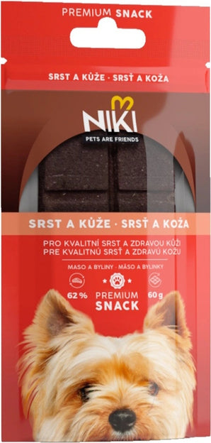 Pamlsky pro psy NIKI SNACK Srst a kůže 60g, podpora zdravé srsti a kůže.