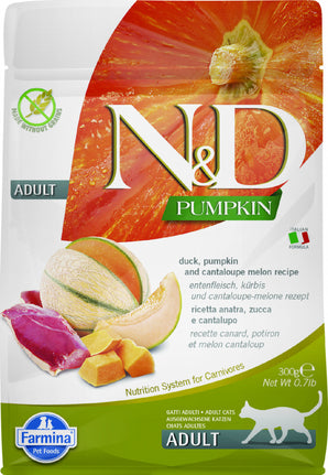 N&D Pumpkin CAT Duck & Cantaloupe melon 300 g – Krmivo pro kočky s kachnou a melounem, podpora trávení, balení 300g.