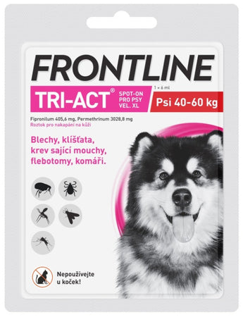 Frontline Tri-Act spot-on pro psy XL (40-60 kg) 1x6ml – antiparazitární pipeta s repelentním účinkem proti blechám, klíšťatům a bodavému hmyzu.