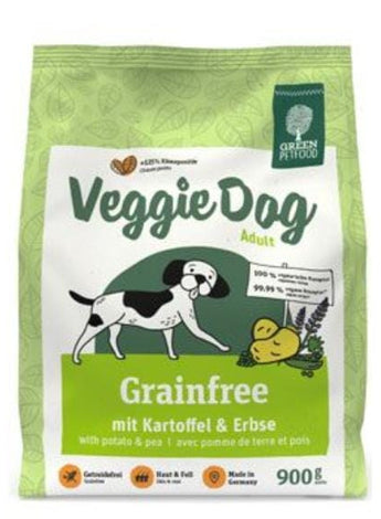 Green Petfood VeggieDog Grainfree 900g - vysoce kvalitní bezlepkové krmivo pro psy s rostlinnými složkami, vhodné pro citlivé psy nebo vegetariánské stravy.