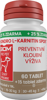 Giom S, Chondro L-karnitin SPORT, 60 tbl + 25 % zdarma, podpora kloubů pro aktivní psy.