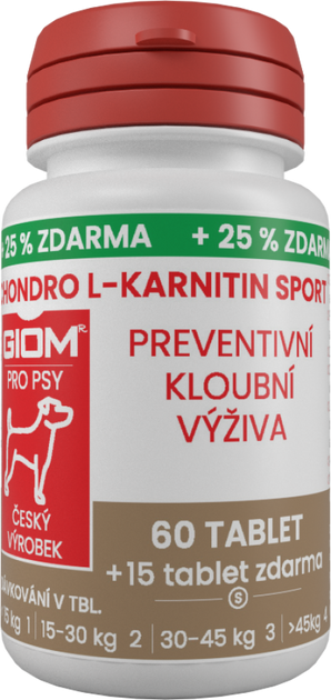 Giom S, Chondro L-karnitin SPORT, 60 tbl + 25 % zdarma, podpora kloubů pro aktivní psy.