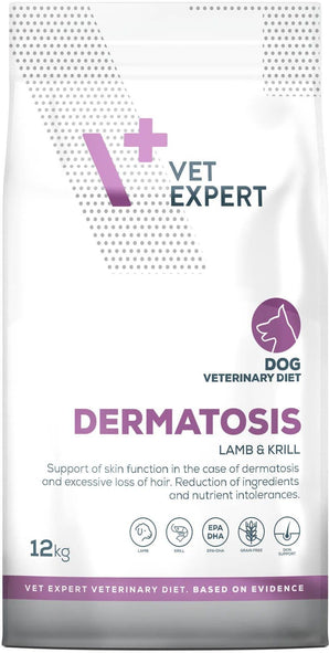 Granule VetExpert VD 4T Dermatosis s jehněčím a krillem pro psy s kožními obtížemi, 12 kg.